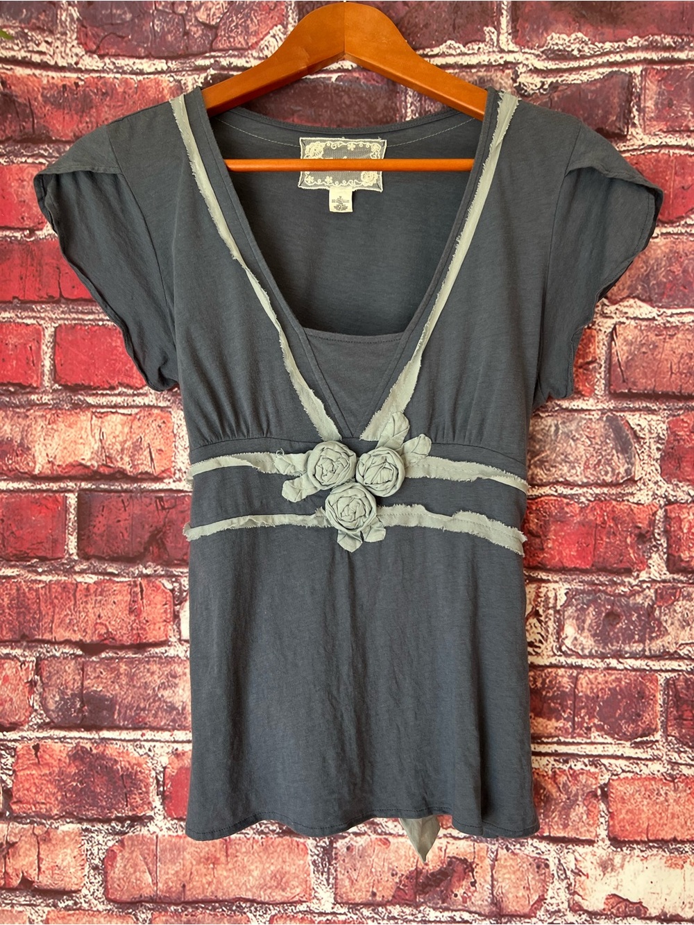 Anthropologie Deletta Corsage Tieback Babydoll Top Steel Blue